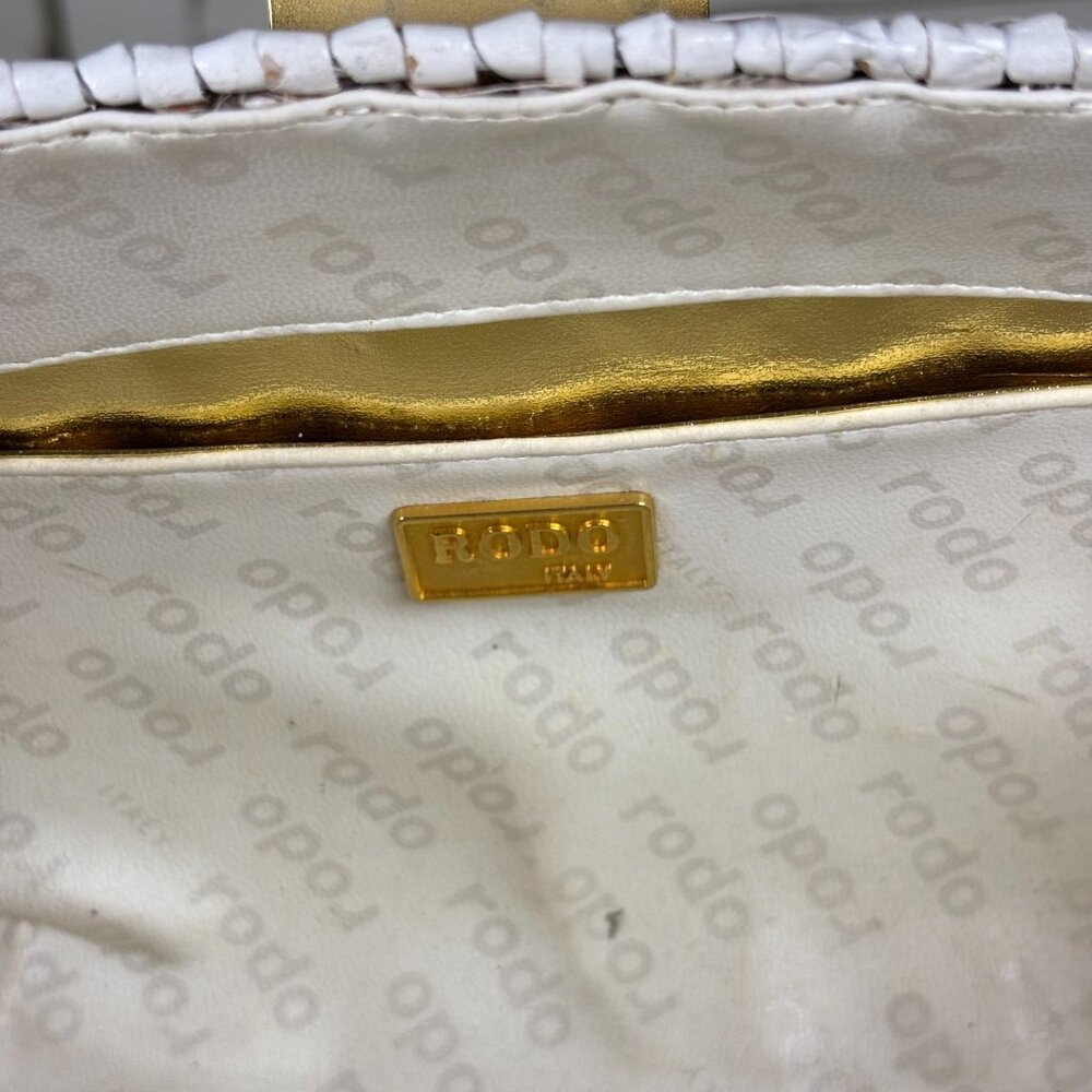 Vintage RODO Italy White Glazed Wicker Woven Evening Bag Clutch Leather Lined - Picture 8 of 8
